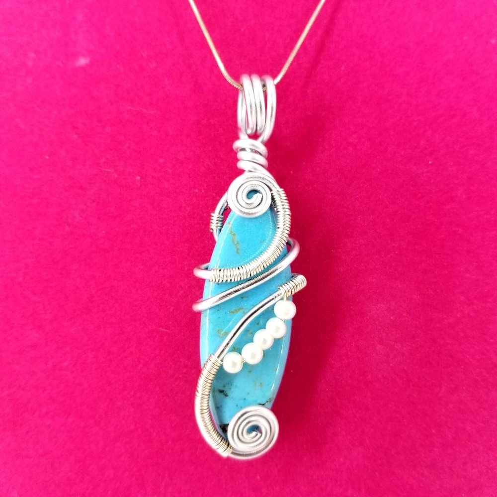Turquoise Magnesite Gemstone Pendant Wire Wrap Necklace 925 Silver Chain Italy
